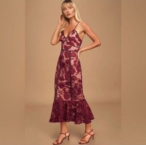 Lulu's Alluring Dream Burgundy Floral Mesh Lace Trumpet Midi Dress, Medium